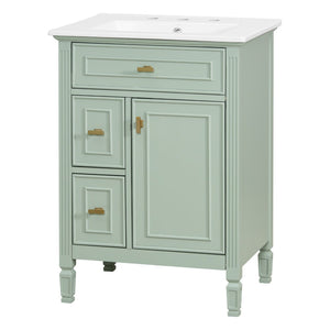 English Elm 24-Inch Freestanding Bathroom Vanity Solid Pine Cabinet with Ceramic Sink Gold Hardware Green N725P350848F