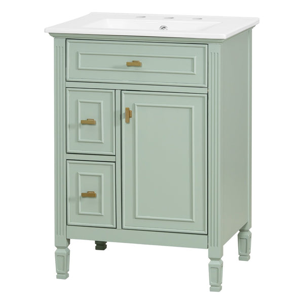 English Elm 24-Inch Freestanding Bathroom Vanity Solid Pine Cabinet with Ceramic Sink Gold Hardware Green N725P350848F