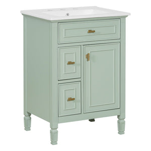 English Elm 24-Inch Freestanding Bathroom Vanity Solid Pine Cabinet with Ceramic Sink Gold Hardware Green N725P350848F