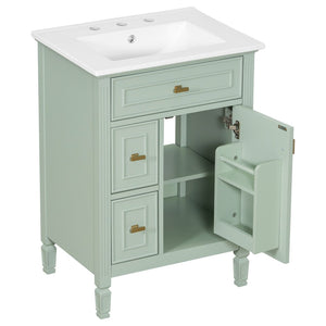 English Elm 24-Inch Freestanding Bathroom Vanity Solid Pine Cabinet with Ceramic Sink Gold Hardware Green N725P350848F