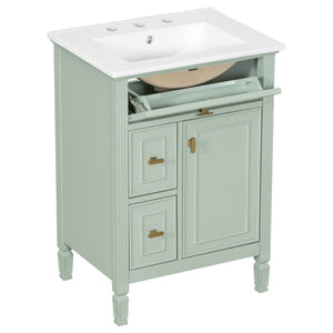 English Elm 24-Inch Freestanding Bathroom Vanity Solid Pine Cabinet with Ceramic Sink Gold Hardware Green N725P350848F