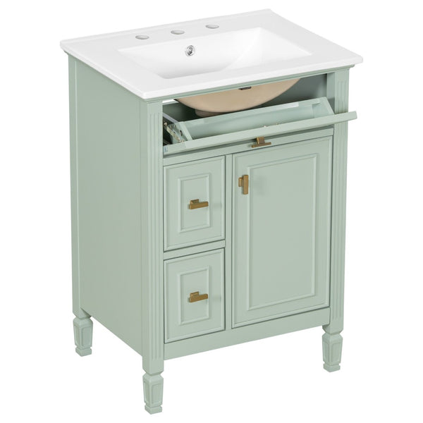 English Elm 24-Inch Freestanding Bathroom Vanity Solid Pine Cabinet with Ceramic Sink Gold Hardware Green N725P350848F