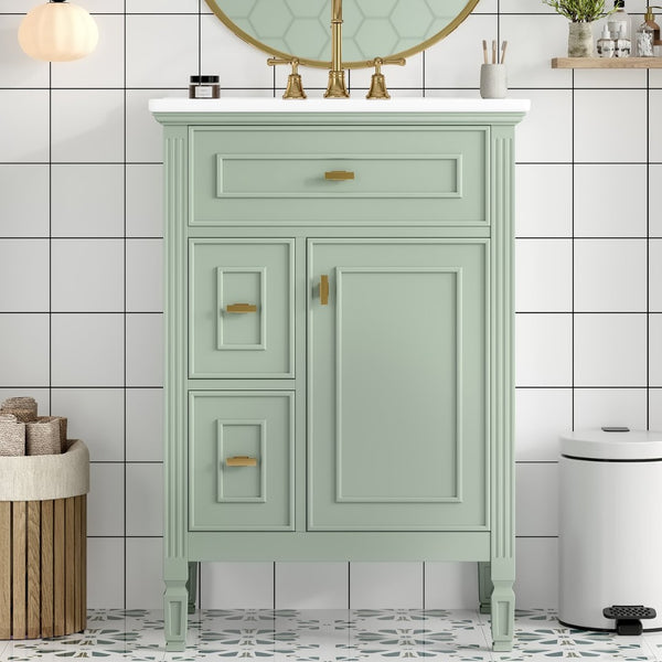 English Elm 24-Inch Freestanding Bathroom Vanity Solid Pine Cabinet with Ceramic Sink Gold Hardware Green N725P350848F