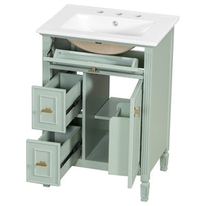English Elm 24-Inch Freestanding Bathroom Vanity Solid Pine Cabinet with Ceramic Sink Gold Hardware Green N725P350848F