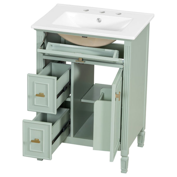 English Elm 24-Inch Freestanding Bathroom Vanity Solid Pine Cabinet with Ceramic Sink Gold Hardware Green N725P350848F