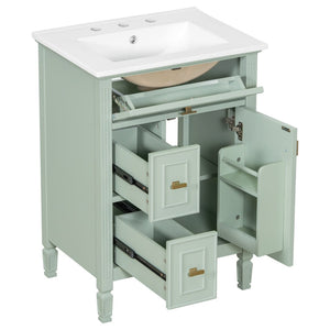 English Elm 24-Inch Freestanding Bathroom Vanity Solid Pine Cabinet with Ceramic Sink Gold Hardware Green N725P350848F