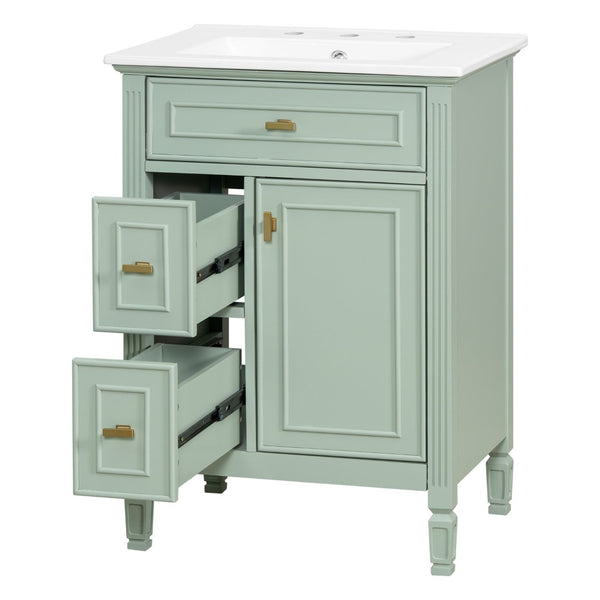 English Elm 24-Inch Freestanding Bathroom Vanity Solid Pine Cabinet with Ceramic Sink Gold Hardware Green N725P350848F