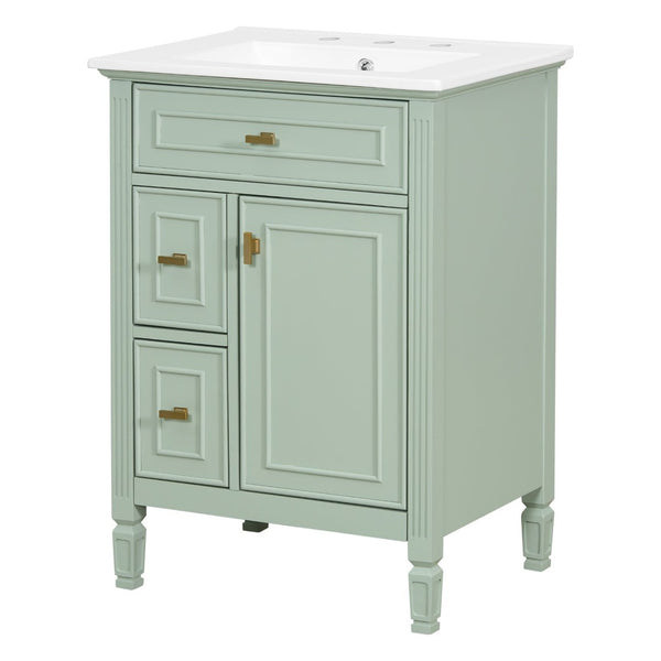 English Elm 24-Inch Freestanding Bathroom Vanity Solid Pine Cabinet with Ceramic Sink Gold Hardware Green N725P350848F