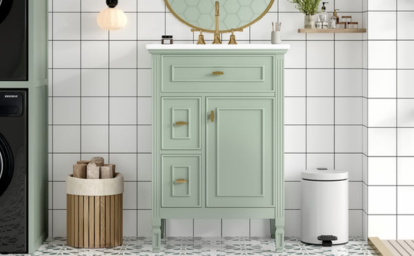 English Elm 24-Inch Freestanding Bathroom Vanity Solid Pine Cabinet with Ceramic Sink Gold Hardware Green N725P350848F
