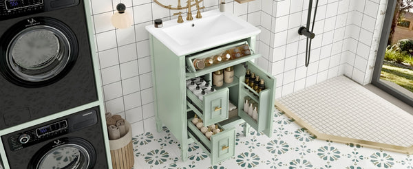 English Elm 24-Inch Freestanding Bathroom Vanity Solid Pine Cabinet with Ceramic Sink Gold Hardware Green N725P350848F