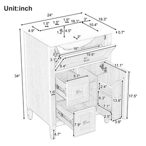 English Elm 24-Inch Freestanding Bathroom Vanity Solid Pine Cabinet with Ceramic Sink Gold Hardware Green N725P350848F