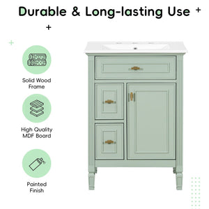 English Elm 24-Inch Freestanding Bathroom Vanity Solid Pine Cabinet with Ceramic Sink Gold Hardware Green N725P350848F