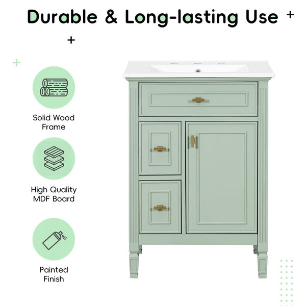 English Elm 24-Inch Freestanding Bathroom Vanity Solid Pine Cabinet with Ceramic Sink Gold Hardware Green N725P350848F