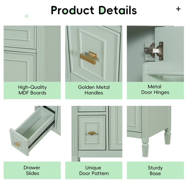 English Elm 24-Inch Freestanding Bathroom Vanity Solid Pine Cabinet with Ceramic Sink Gold Hardware Green N725P350848F