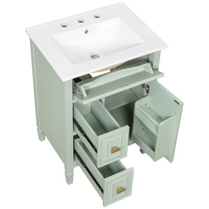 English Elm 24-Inch Freestanding Bathroom Vanity Solid Pine Cabinet with Ceramic Sink Gold Hardware Green N725P350848F