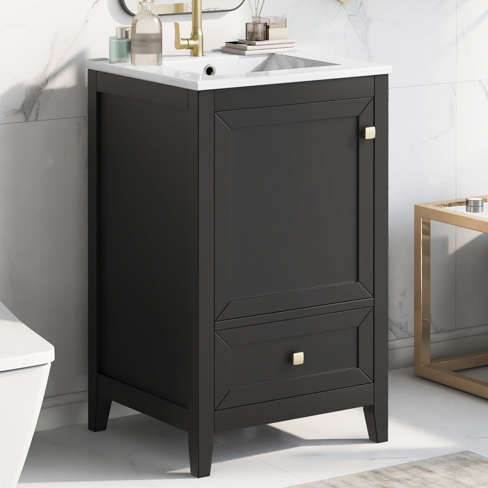 English Elm 20" Freestanding Bathroom Vanity Matte Black Ceramic Sink Soft Close Cabinet Drawer N725P351851B