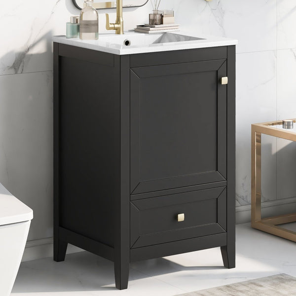English Elm 20" Freestanding Bathroom Vanity Matte Black Ceramic Sink Soft Close Cabinet Drawer N725P351851B