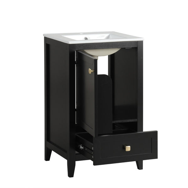 English Elm 20" Freestanding Bathroom Vanity Matte Black Ceramic Sink Soft Close Cabinet Drawer N725P351851B