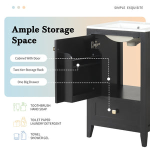 English Elm 20" Freestanding Bathroom Vanity Matte Black Ceramic Sink Soft Close Cabinet Drawer N725P351851B