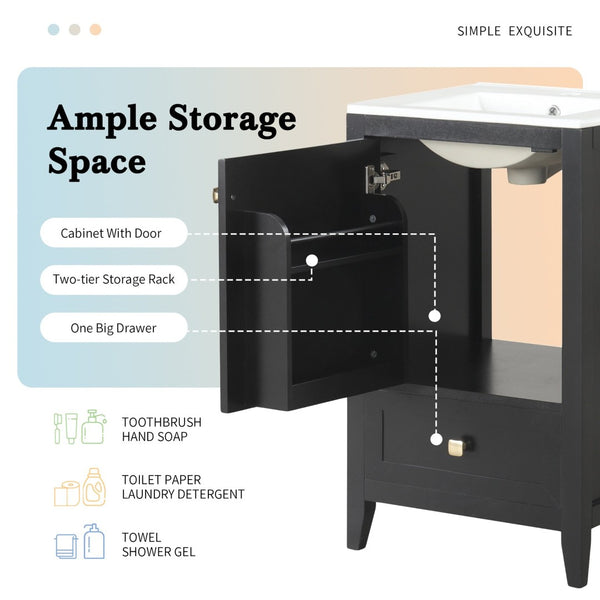 English Elm 20" Freestanding Bathroom Vanity Matte Black Ceramic Sink Soft Close Cabinet Drawer N725P351851B