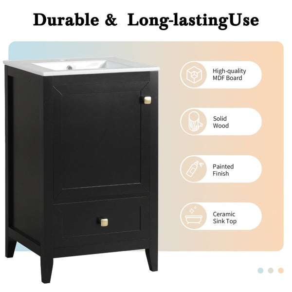 English Elm 20" Freestanding Bathroom Vanity Matte Black Ceramic Sink Soft Close Cabinet Drawer N725P351851B