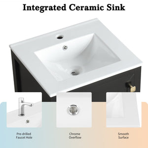 English Elm 20" Freestanding Bathroom Vanity Matte Black Ceramic Sink Soft Close Cabinet Drawer N725P351851B