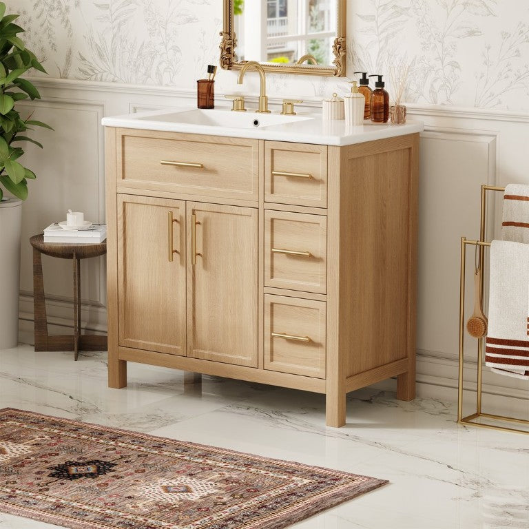 English Elm 36 Inch Bathroom Vanity Solid Rubberwood Cabinet Ceramic Undermount Sink Natural Finish N725P364205N