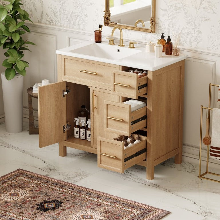 English Elm 36 Inch Bathroom Vanity Solid Rubberwood Cabinet Ceramic Undermount Sink Natural Finish N725P364205N
