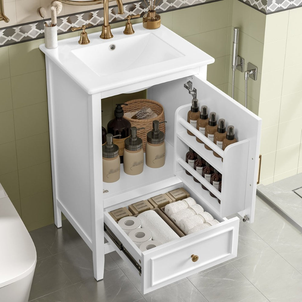 English Elm 20" Freestanding Bathroom Vanity Rubberwood Cabinet Ceramic Sink Drawer Storage N725P369594K