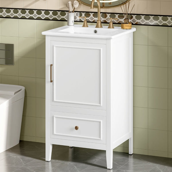 English Elm 20" Freestanding Bathroom Vanity Rubberwood Cabinet Ceramic Sink Drawer Storage N725P369594K