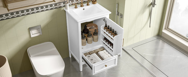 English Elm 20" Freestanding Bathroom Vanity Rubberwood Cabinet Ceramic Sink Drawer Storage N725P369594K