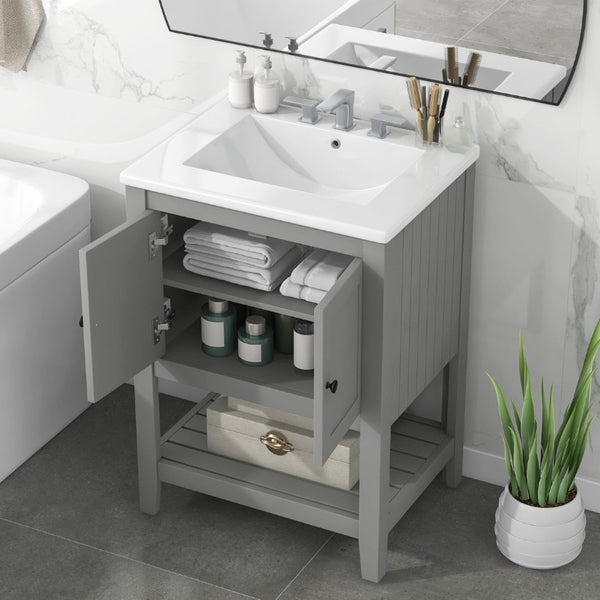 English Elm Video 24 Inch Freestanding Bathroom Vanity with Ceramic Basin Open Shelf Birch Wood Frame Grey N725P415556E
