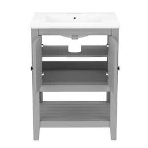 English Elm Video 24 Inch Freestanding Bathroom Vanity with Ceramic Basin Open Shelf Birch Wood Frame Grey N725P415556E