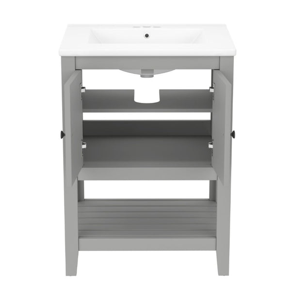English Elm Video 24 Inch Freestanding Bathroom Vanity with Ceramic Basin Open Shelf Birch Wood Frame Grey N725P415556E