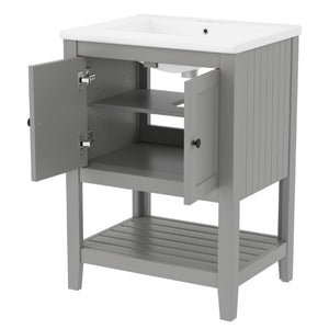 English Elm Video 24 Inch Freestanding Bathroom Vanity with Ceramic Basin Open Shelf Birch Wood Frame Grey N725P415556E