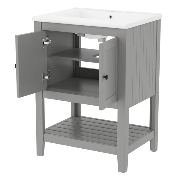 English Elm Video 24 Inch Freestanding Bathroom Vanity with Ceramic Basin Open Shelf Birch Wood Frame Grey N725P415556E