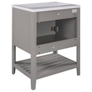 English Elm Video 24 Inch Freestanding Bathroom Vanity with Ceramic Basin Open Shelf Birch Wood Frame Grey N725P415556E