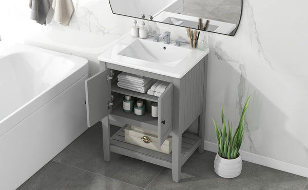 English Elm Video 24 Inch Freestanding Bathroom Vanity with Ceramic Basin Open Shelf Birch Wood Frame Grey N725P415556E