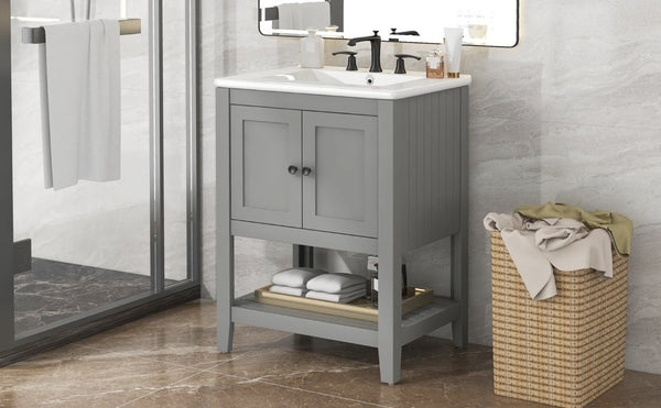 English Elm Video 24 Inch Freestanding Bathroom Vanity with Ceramic Basin Open Shelf Birch Wood Frame Grey N725P415556E