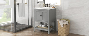 English Elm Video 24 Inch Freestanding Bathroom Vanity with Ceramic Basin Open Shelf Birch Wood Frame Grey N725P415556E