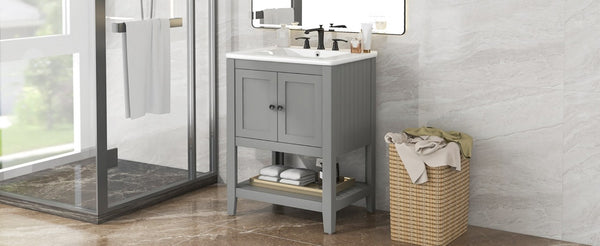 English Elm Video 24 Inch Freestanding Bathroom Vanity with Ceramic Basin Open Shelf Birch Wood Frame Grey N725P415556E
