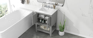 English Elm Video 24 Inch Freestanding Bathroom Vanity with Ceramic Basin Open Shelf Birch Wood Frame Grey N725P415556E