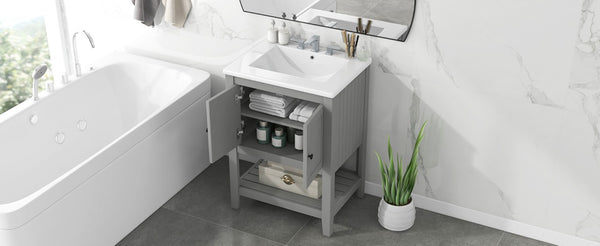 English Elm Video 24 Inch Freestanding Bathroom Vanity with Ceramic Basin Open Shelf Birch Wood Frame Grey N725P415556E
