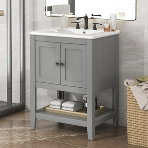 English Elm Video 24 Inch Freestanding Bathroom Vanity with Ceramic Basin Open Shelf Birch Wood Frame Grey N725P415556E