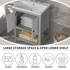 English Elm Video 24 Inch Freestanding Bathroom Vanity with Ceramic Basin Open Shelf Birch Wood Frame Grey N725P415556E