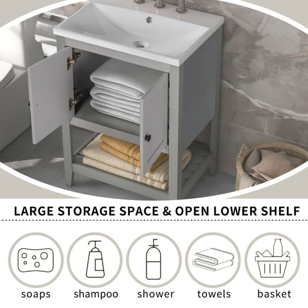 English Elm Video 24 Inch Freestanding Bathroom Vanity with Ceramic Basin Open Shelf Birch Wood Frame Grey N725P415556E