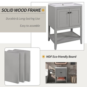English Elm Video 24 Inch Freestanding Bathroom Vanity with Ceramic Basin Open Shelf Birch Wood Frame Grey N725P415556E