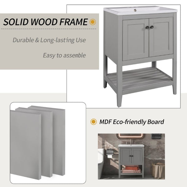 English Elm Video 24 Inch Freestanding Bathroom Vanity with Ceramic Basin Open Shelf Birch Wood Frame Grey N725P415556E