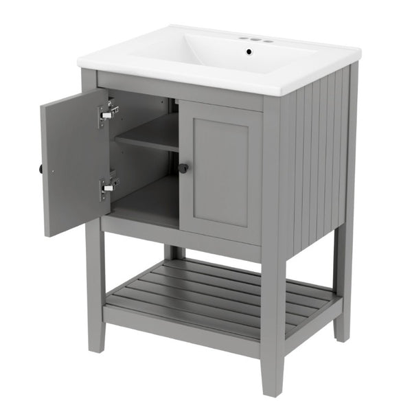 English Elm Video 24 Inch Freestanding Bathroom Vanity with Ceramic Basin Open Shelf Birch Wood Frame Grey N725P415556E