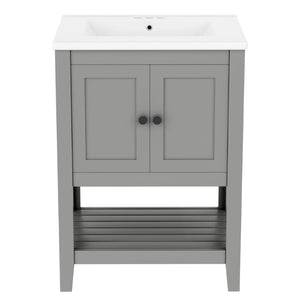 English Elm Video 24 Inch Freestanding Bathroom Vanity with Ceramic Basin Open Shelf Birch Wood Frame Grey N725P415556E